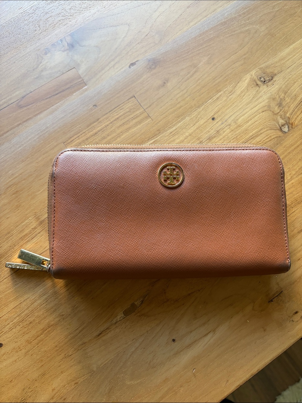 Tory Burch Tan Zip-Around Saffiano Leather Wallet with Gold Logo